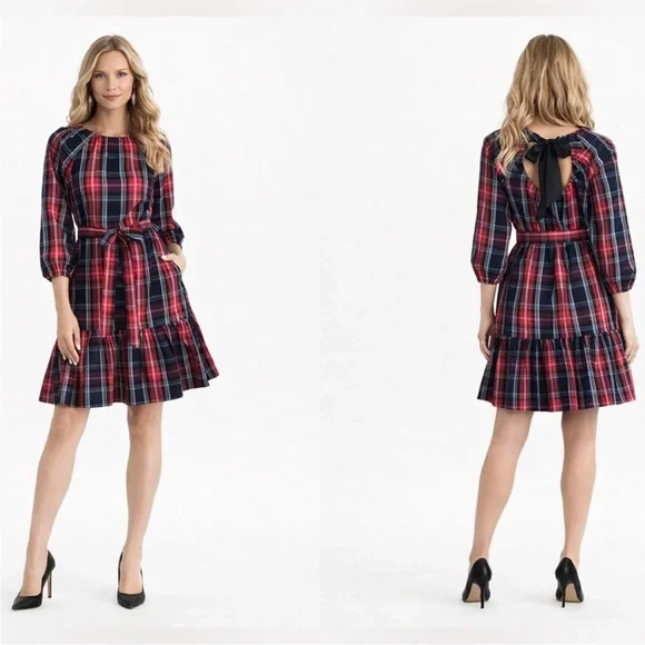 Draper James Red and Black Plaid Long Sleeve Dress with bow detail XL NWT - Picture 1 of 6